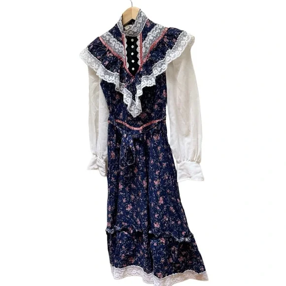 Vintage '70s Jessica McClintock Gunne Sax Navy/Pink Flower Dress - Picture 5 of 16